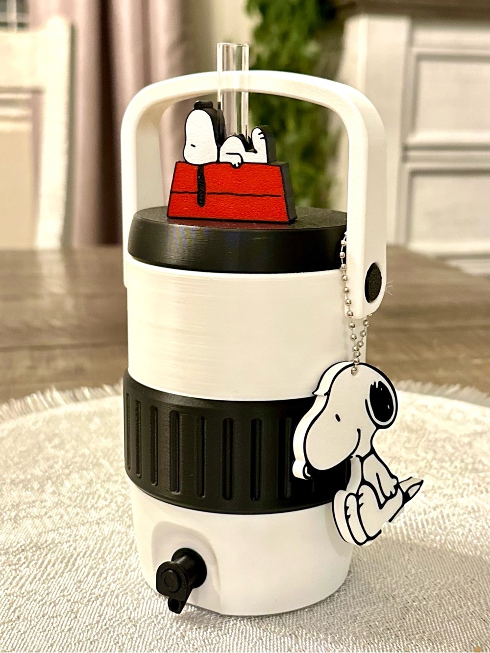 Snoopy Themed Black & White Can Cooler with Can Tab Opener Charm & Straw Topper
